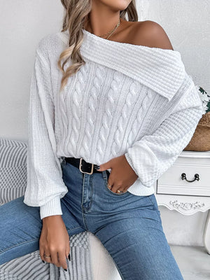 White cable knit off-shoulder sweater with wide collar and balloon sleeves.