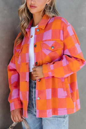 Sunset Check Overshirt with patch pockets in orange and pink plaid.