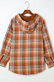 Sherpa-lined plaid overshirt jacket in Tangerine with hood and button cuffs.