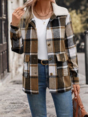 Sherpa-trimmed plaid shacket in camel with button front and patch pockets.
