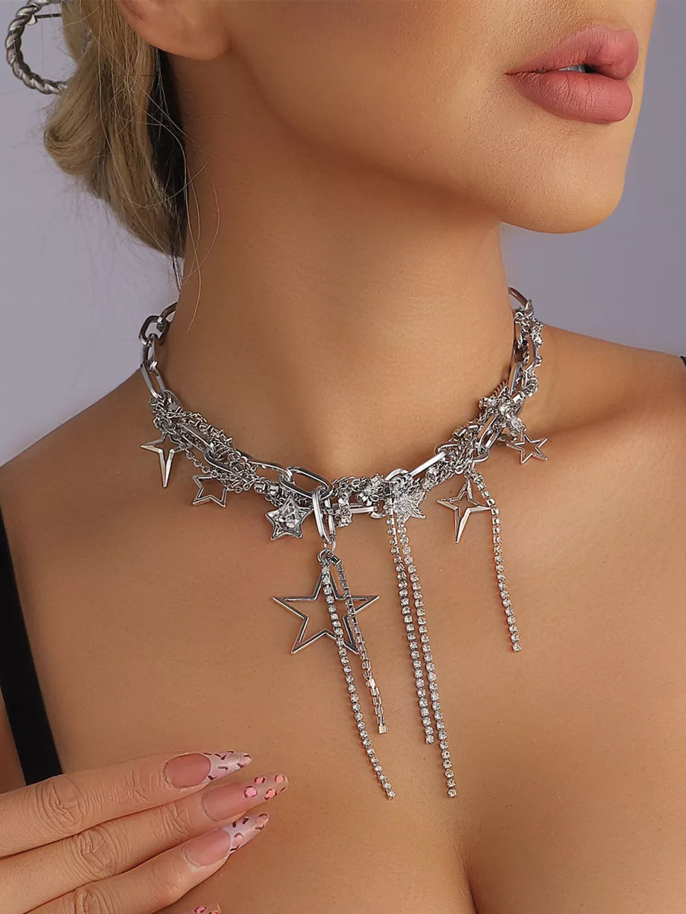 Chunky Chain Star Tassel Necklace Alloy Silver in Silver, side view