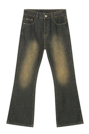 Faded wash bootcut jeans in olive brown with dip dye effect.
