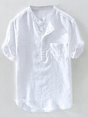 White casual shirt with band collar, buttoned placket, and chest pocket.