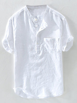 White casual shirt with band collar, buttoned placket, and chest pocket.