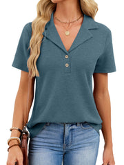 Peacock blue waffle knit polo shirt with button placket and collared neckline.
