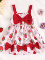 Baby dress in pink with strawberry and daisy print, featuring red bows and straps.