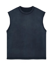 Navy washed cotton cut-off tank top with raw edges and crew neck.