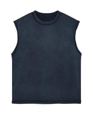 Navy washed cotton cut-off tank top with raw edges and crew neck.