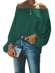 Dark green off-shoulder maternity blouse with balloon sleeves and a ruched neckline.