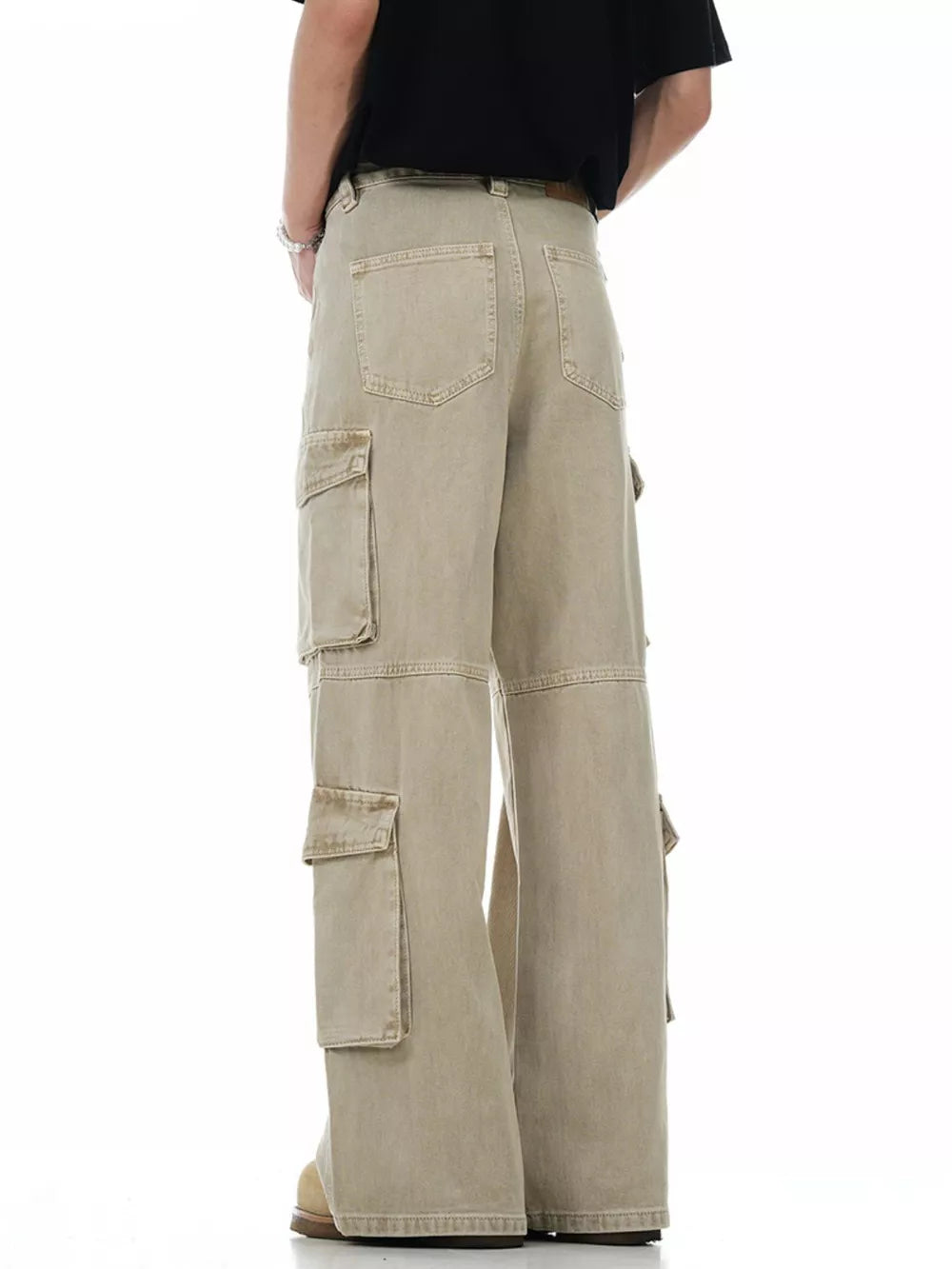 Men's khaki cargo pants with multiple utility pockets and a relaxed fit.