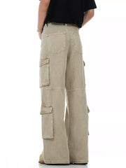 Men's khaki cargo pants with multiple utility pockets and a relaxed fit.