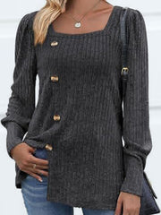 Ribbed knit puff sleeve blouse in charcoal with square neckline and gold buttons.