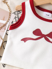 Children's Ribbed Bow Tank Top And Pants Set in 玫红色, close-up detail