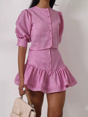 Puffed Sleeve Crop Top With Ruffled Skirt Set