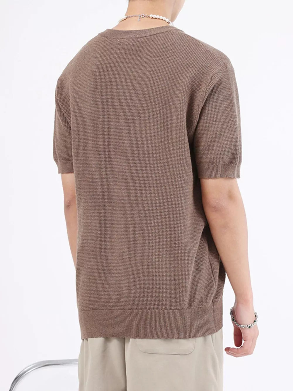 Men's casual knit henley in Flower Brown, short sleeve, waffle texture.
