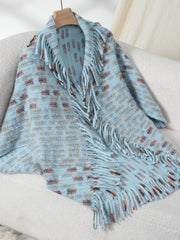 Light blue textured fringe shawl cardigan with a checkered pattern and acrylic material.
