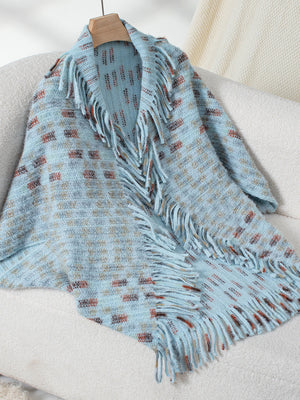 Light blue textured fringe shawl cardigan with a checkered pattern and acrylic material.