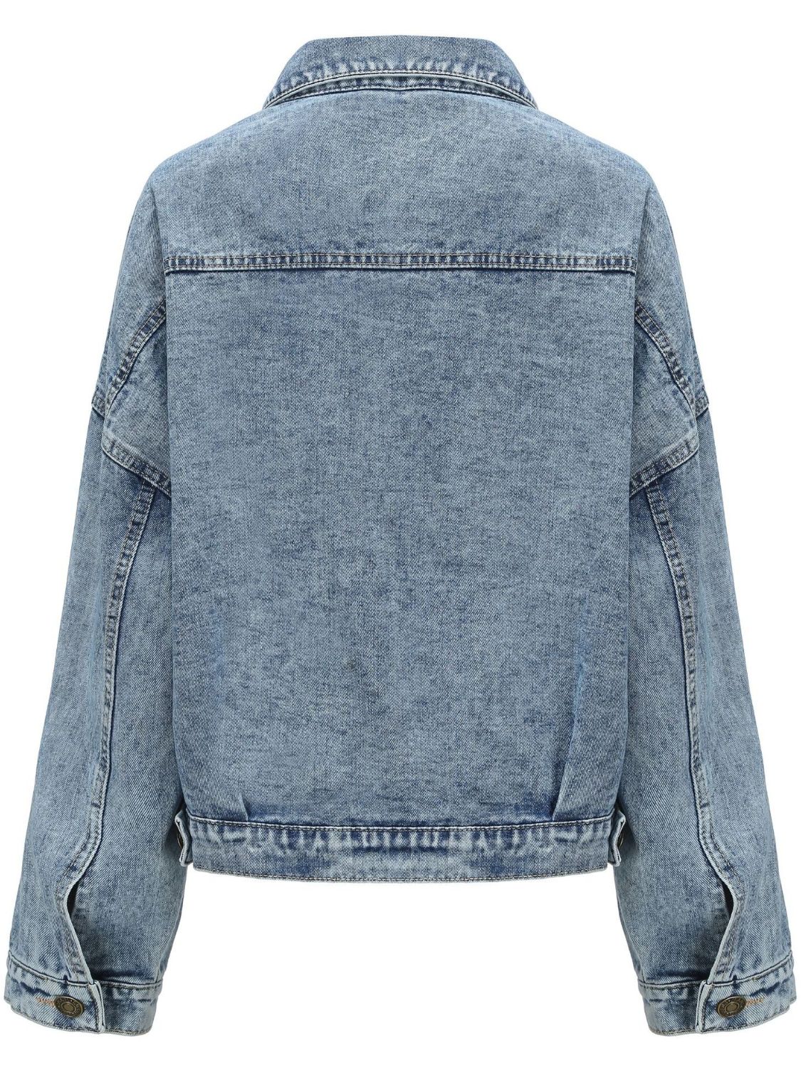 Light wash oversized denim jacket with buttoned cuffs and patch pocket detail.