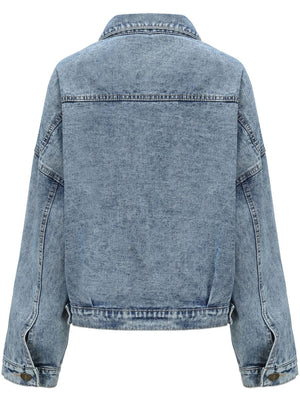 Light wash oversized denim jacket with buttoned cuffs and patch pocket detail.