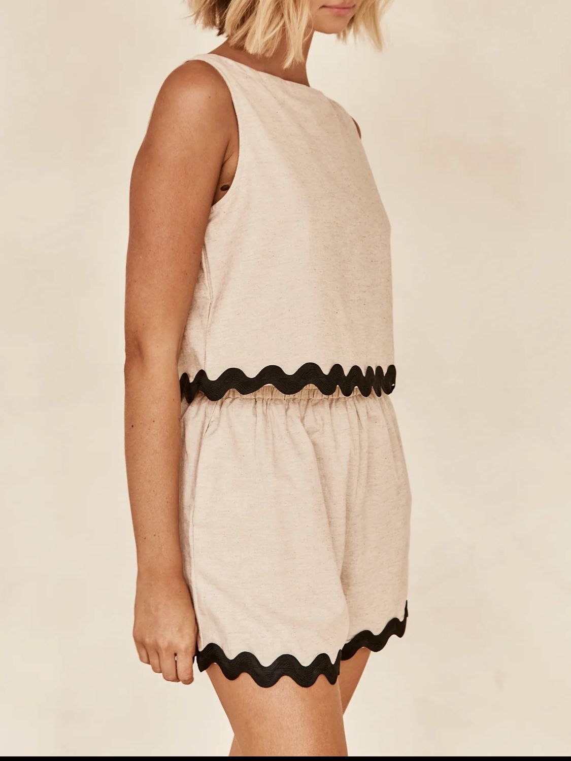 Tan linen tank and shorts set with black scalloped trim and elastic waist