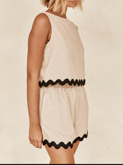 Tan linen tank and shorts set with black scalloped trim and elastic waist