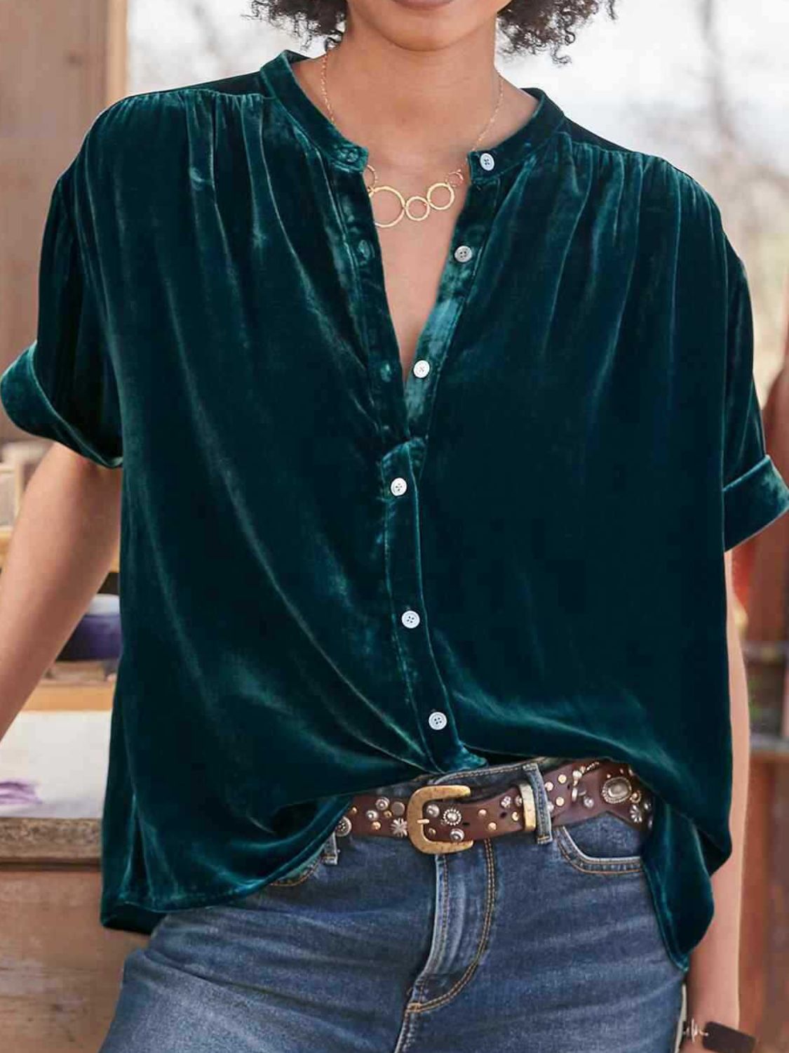 Dark Green velvet button-down blouse with mandarin collar and short sleeves.