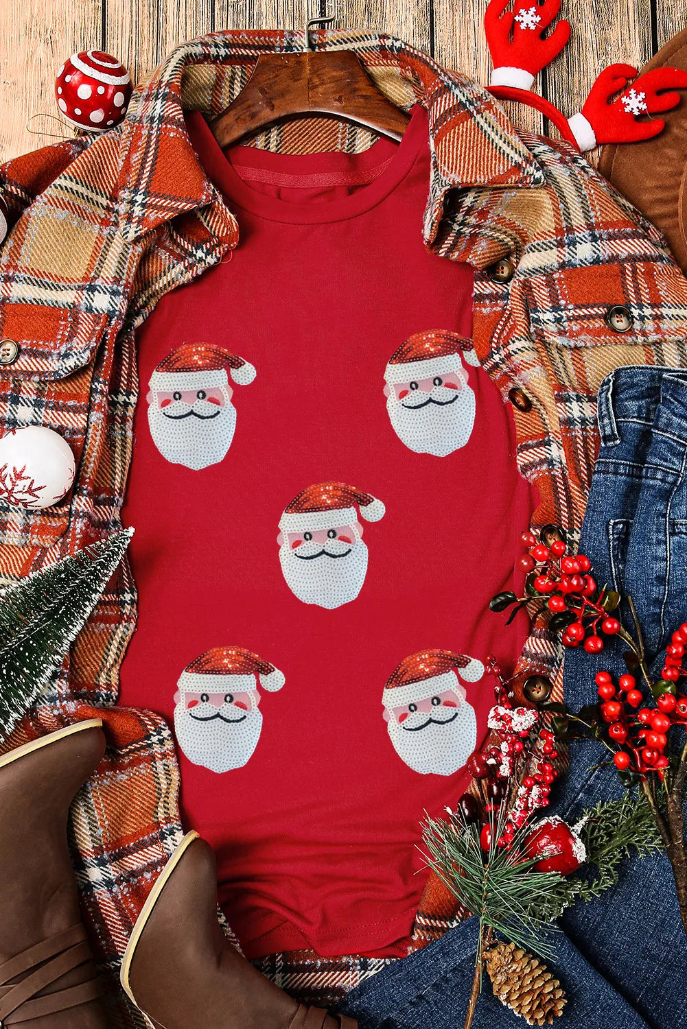 Red cotton t-shirt with all-over Santa sequin motif.