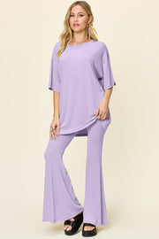 Lavender oversized tee and flare leg pants set
