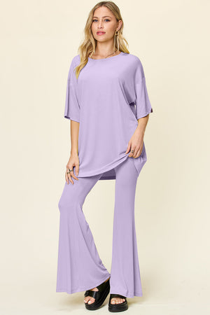 Lavender oversized tee and flare leg pants set