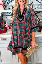 Plaid Velvet Trim Short Shift Dress in Plaid, back view