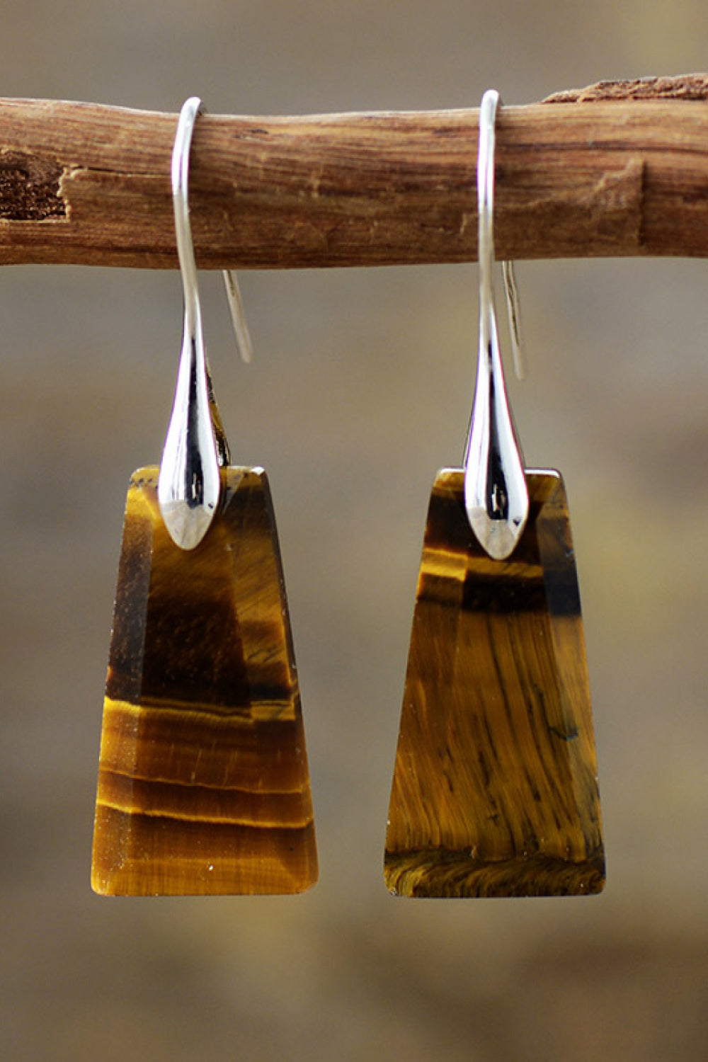 Tiger's eye trapezoid drop earrings with silver hooks, boho style.