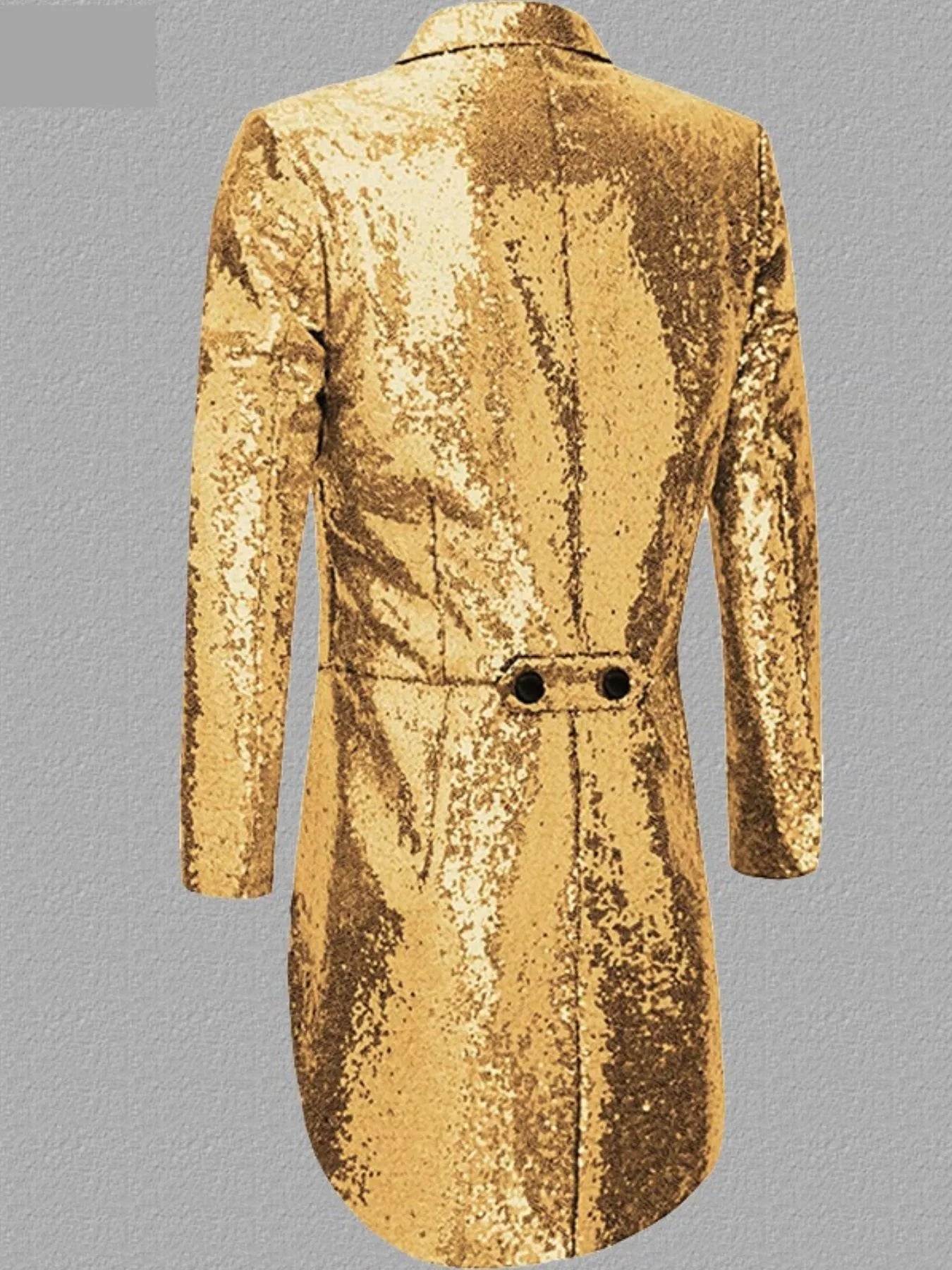 Men's gold sequin tailcoat blazer with double button detail at waist