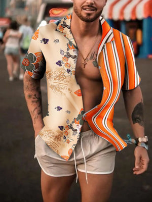 Split-panel resort shirt with floral and stripe patterns in tangerine.