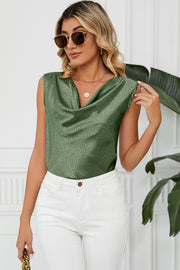 Matcha green jacquard drape neck tank top with a subtle animal print pattern.