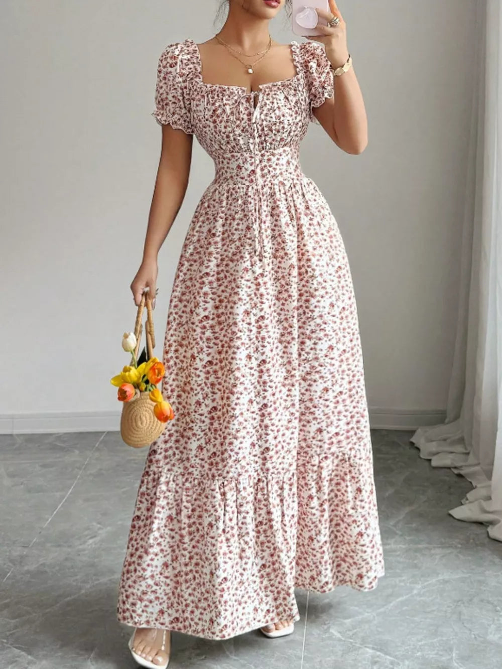 Floral Print Puff Sleeve Maxi Dress in Red, front view
