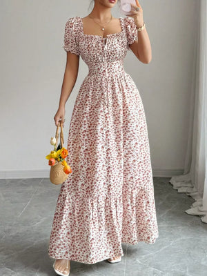 Floral Print Puff Sleeve Maxi Dress in Red, front view