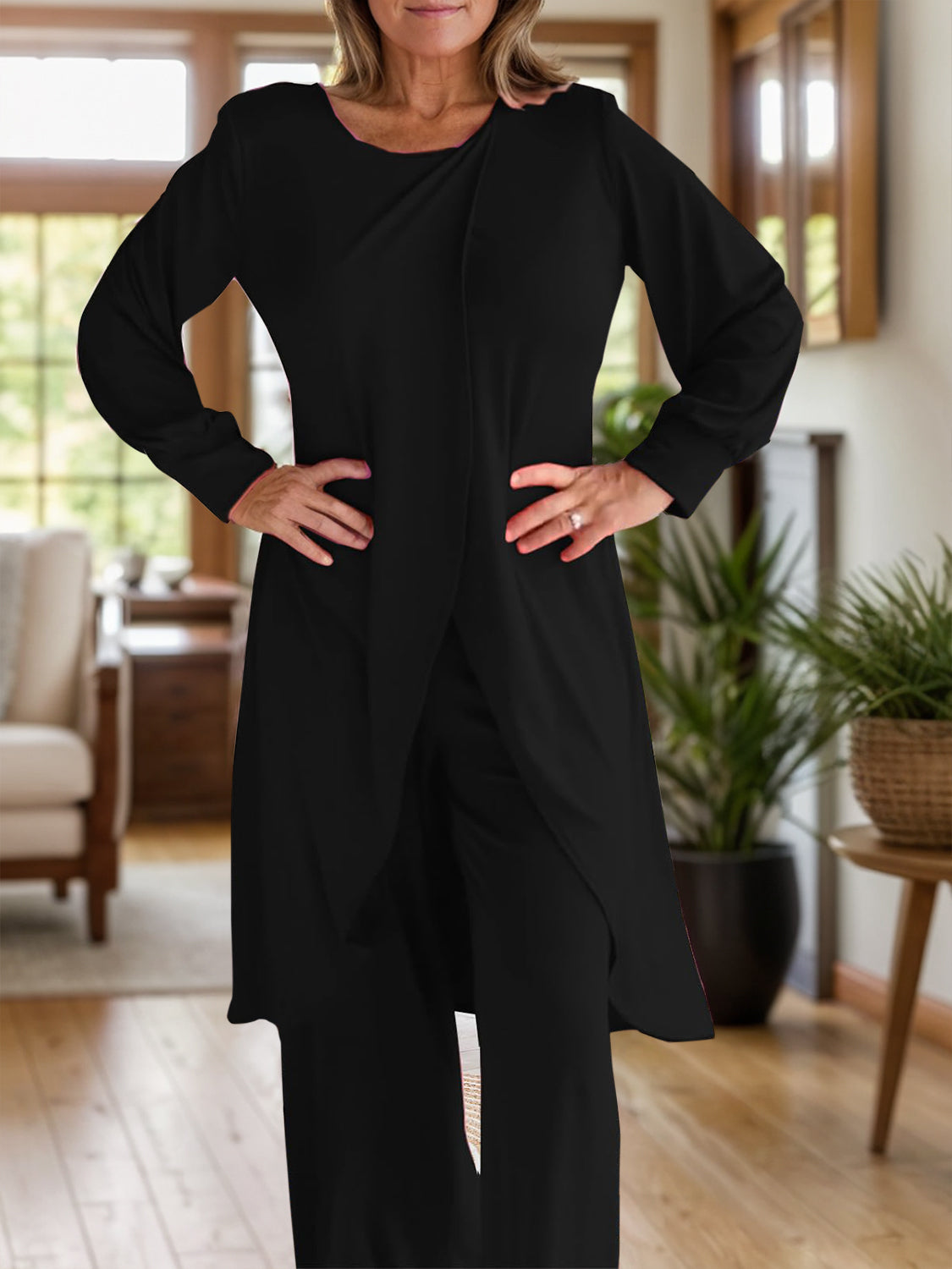 Black draped overlay palazzo co-ord set with long sleeves and wide-leg pants.