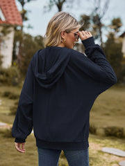 Dark Navy textured knit hoodie with dolman sleeves and a hood.