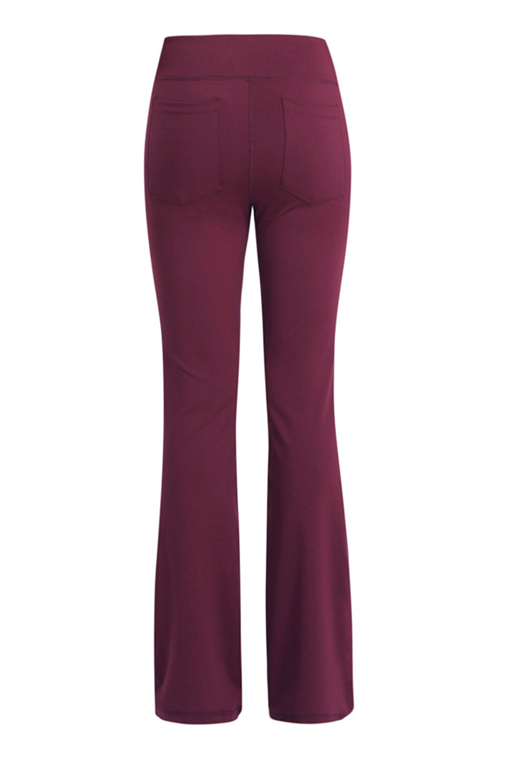 Burgundy flare-leg performance trousers with back pockets.