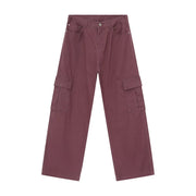 Mauve cargo pants with side pockets and a relaxed fit.