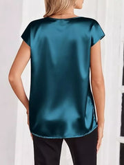 Luxe satin V-neck short sleeve maternity shirt in green.