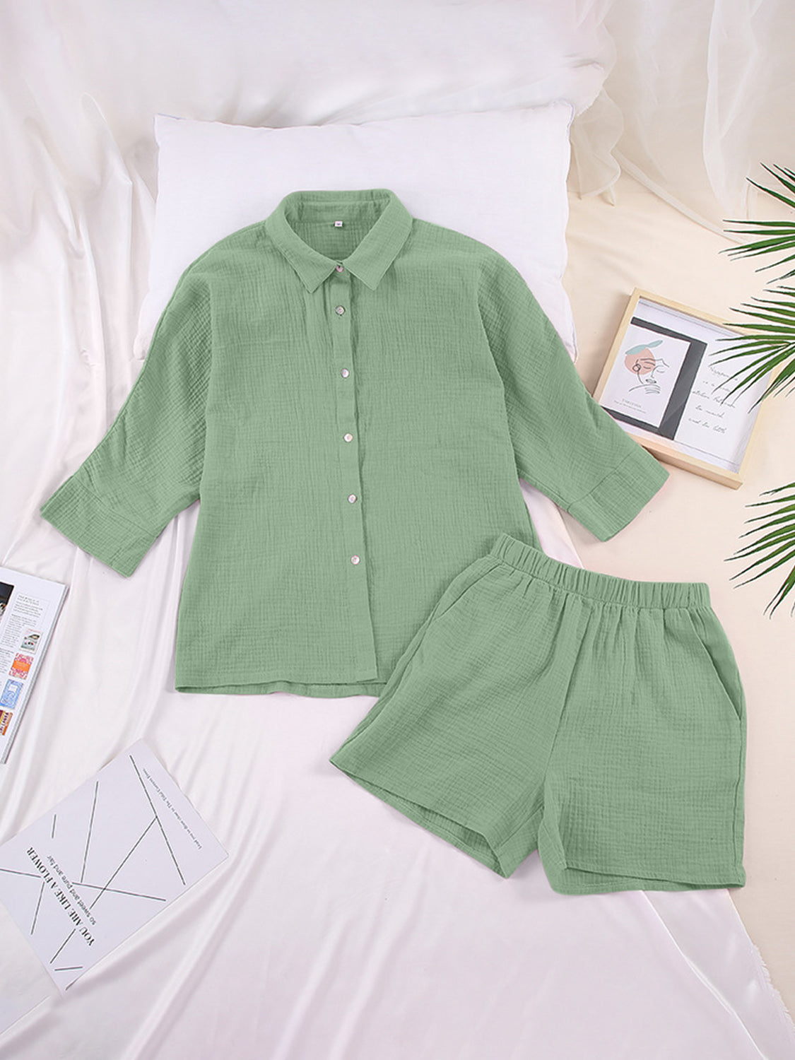 Light Green Gauze Cotton Resort Shirt & Short Set with button front and elastic waist shorts.