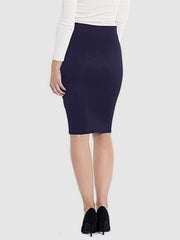 Dark blue pencil skirt with a high waist and knee-length hem, styled with a white sweater and black heels.
