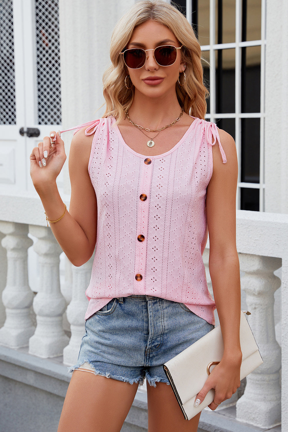 Blush pink eyelet button-down tank top with tie shoulders