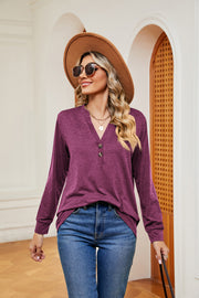 Henley-inspired long sleeve top in Red-Violet with button placket and V-neck