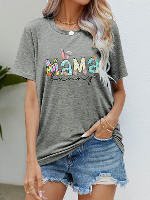 Heather gray t-shirt with "Mama Bunny" graphic featuring colorful patterns and bunny ears.