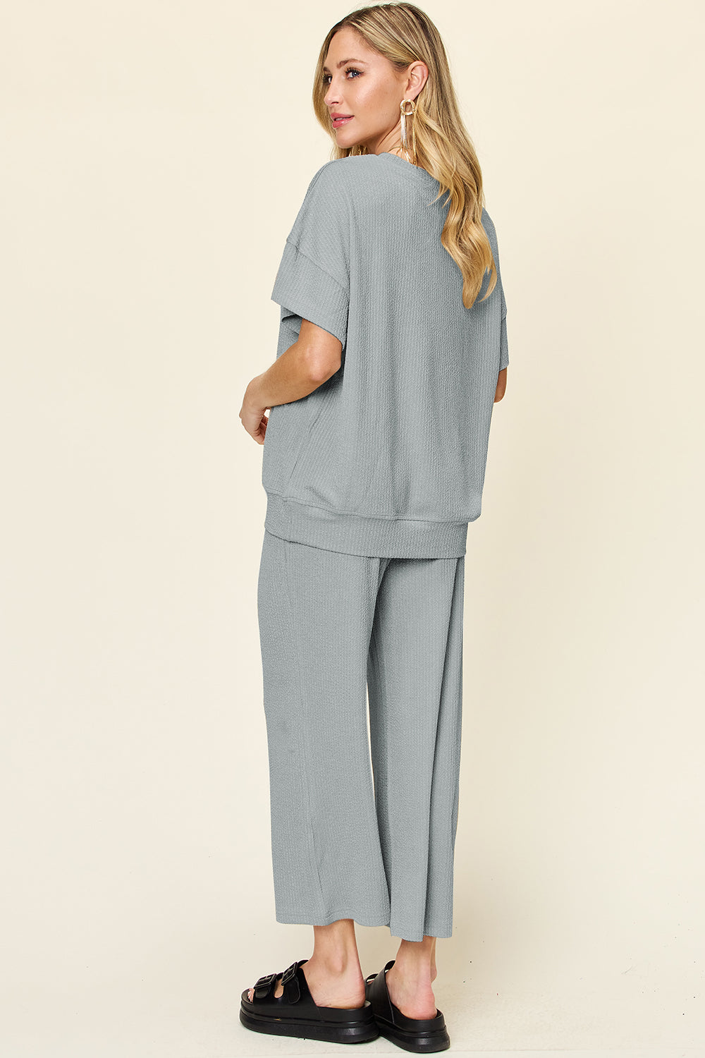 Waffle knit loungewear set in Cloudy Blue, featuring a short sleeve top and wide leg pants.