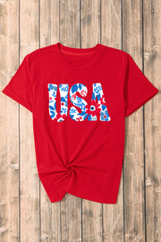 Red t-shirt with floral USA graphic and knotted hem