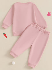 Pink cotton baby outfit set with crew neck sweatshirt and elastic waist pants, featuring bunny applique detail.
