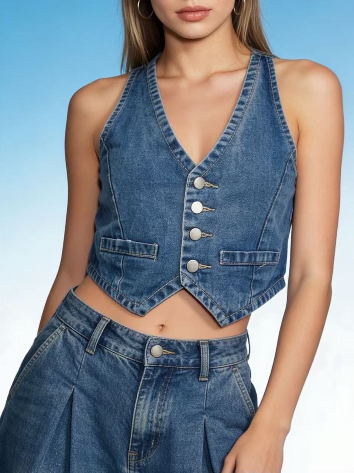 Cropped denim vest in dark blue with button-down front and pocket details.